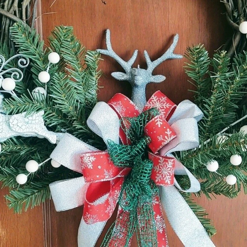 Hand Crafted Grapevine Christmas Wreath, Glitter Deer, Ribbon, Ornaments 18